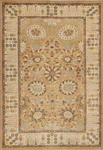 Decorative handmade rug, beige Oriental design with elegant floral pattern and refined neutral tones, Beautiful Rugs Chicago.