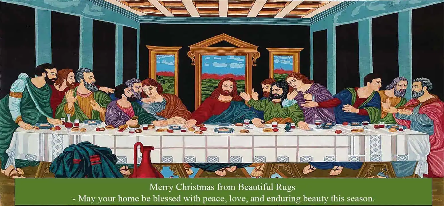 Rug 1123- Handmade Persian Tabriz rug depicting the Last Supper, woven in wool and silk, signed by Ansari. Size 7.6x4.5.