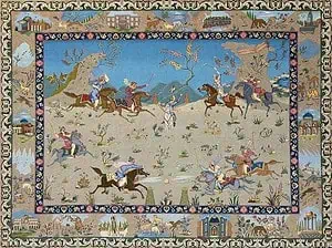 Magnificent Polo rug, a precious souvenir that resonates with the passion of polo lovers. Handmade Persian rug with polo scene. Rug size 6.9x5. Magnificent Polo rug, a precious souvenir that resonates with the passion of polo lovers. Handmade Persian rug with polo scene. Rug size 6.9x5.