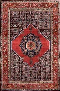 Handmade antique Persian Senneh rug, geometric and floral pattern with terracotta and navy-blue colors. Size 4.8x7.2. Handmade antique Persian Senneh rug, geometric and floral pattern with terracotta and navy-blue colors. Size 4.8x7.2.