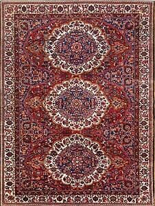 High quality and beautiful hand knotted antique Persian Bakhtiari 10x14 rug with three medallions in red color. High quality and beautiful hand knotted antique Persian Bakhtiari 10x14 rug with three medallions in red color.