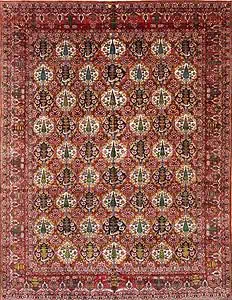 Old Persian Bakhtiari rug in red color, garden design with pine tree. Size 10.2x13.5.