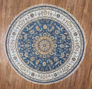 9 ft round rug. Handmade wool Persian Nain style rug in beautiful blue color made in India. Rug size 9.3x9.3. 9 ft round rug. Handmade wool Persian Nain style rug in beautiful blue color made in India. Rug size 9.3x9.3.
