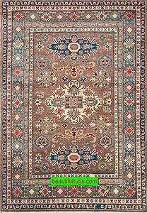 Handmade Pakistani oriental rug with Caucasian Kazak design in brown color. Size 4x6.10.