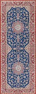 Blue Persian Isfahan hallway rug runner with floral medallion on blue background, Beautiful Rugs Chicago Blue Persian Isfahan hallway rug runner with floral medallion on blue background, Beautiful Rugs Chicago