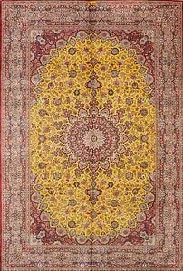 Persian silk rugs in Qum with intricate floral garden design and medallion pattern. Persian silk rugs in Qum with intricate floral garden design and medallion pattern.