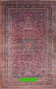 12x18 rug – antique Persian Mashad; red field, navy medallion & border; hand-knotted kork wool floral design, circa 1940 12x18 rug – antique Persian Mashad; red field, navy medallion & border; hand-knotted kork wool floral design, circa 1940