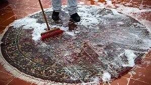 Rug cleaner is shampooing and brushing round rug in red color Rug cleaner is shampooing and brushing round rug in red color