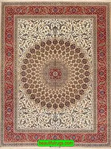Exquisite example of Persian rugs, handmade Persian Isfahan wool and silk rug, beige color background and rustic red border with round center medallion. Exquisite example of Persian rugs, handmade Persian Isfahan wool and silk rug, beige color background and rustic red border with round center medallion.