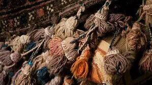 Sample wool fiber in brown, orange and beige colors are bundled together. Sample wool fiber in brown, orange and beige colors are bundled together.