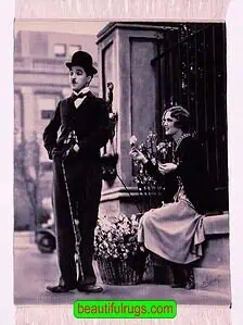 Handmade Persian Tabriz portrait of Charlie Chaplin and Virginia Cherrill, a scene of City Lights movie. Size 2.4x3 Handmade Persian Tabriz portrait of Charlie Chaplin and Virginia Cherrill, a scene of City Lights movie. Size 2.4x3
