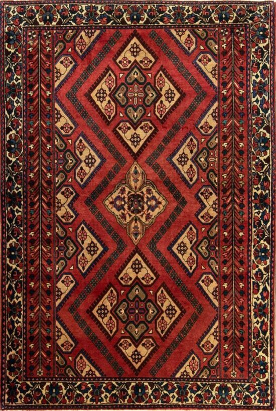 2228- Small Persian geometric rug featuring a vintage Bakhtiari tribal design, handwoven from durable Bakhtiari wool in soft, subdued earth tones.