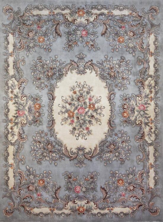 5425- This hand carved rug features raised floral motifs over a decorated gray background in classic French Aubusson style — Beautiful Rugs.