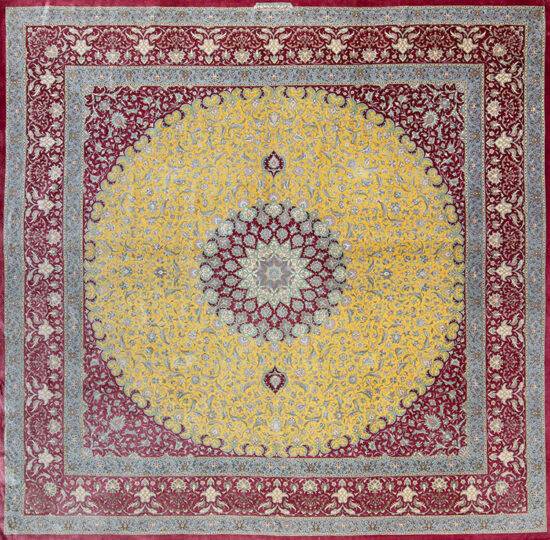 5440- Square Persian Rug 8x8 Persian Qum pure silk rug with gold field and floral medallion, signed by Ahmadi. Beautiful Rugs Chicago.