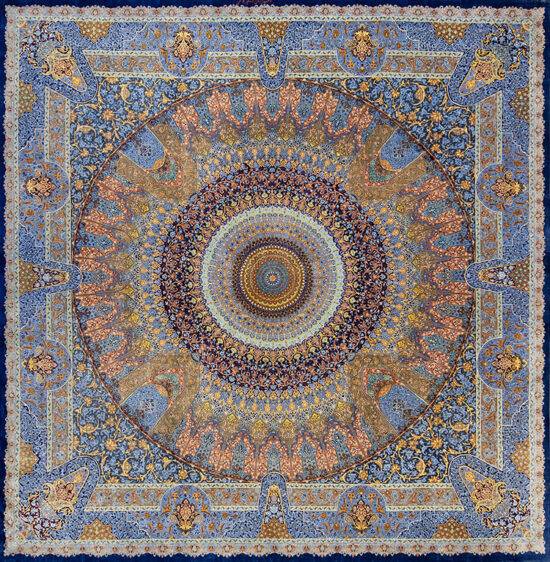 5441- 8x8 square rug Persian Qum silk with rich blue field, radiant circular medallion, and warm gold accents. Beautiful Rugs Chicago.
