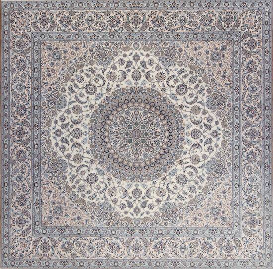 5444- Persian Nain square rug crafted by the Akhavan workshop, featuring a refined beige field with intricate floral medallion design woven in fine wool and silk. Beautiful Rugs Chicago.