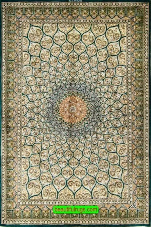 Silk Persian Rug with Green Mosque Design