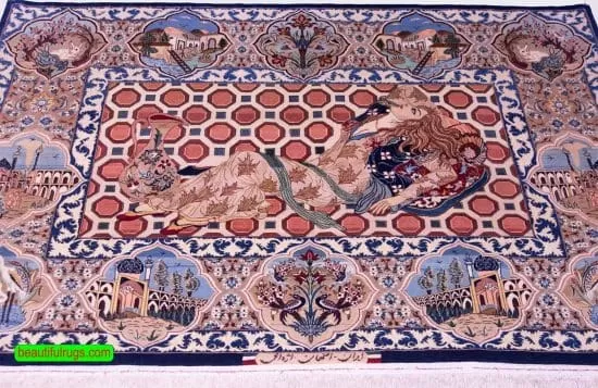 Horizontal Pictorial Rug, Fine Persian Isfahan Rug. Size 4.9x3.6