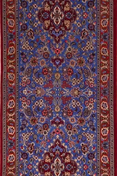 Floral pattern Persian Qum runner rug with blue and orange colors. Size 2.7x7