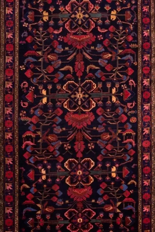 Wide runner Persian rug, floral tribal rug with navy blue and red colors. Size 5.3x10.3