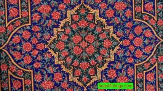 Navy blue and red small Persian Qum silk rug. Size 1.8x2.7