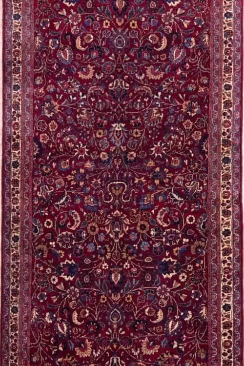 4 foot wide floral Persian Mashad runner in raspberry red color. Size 4.3x10.5