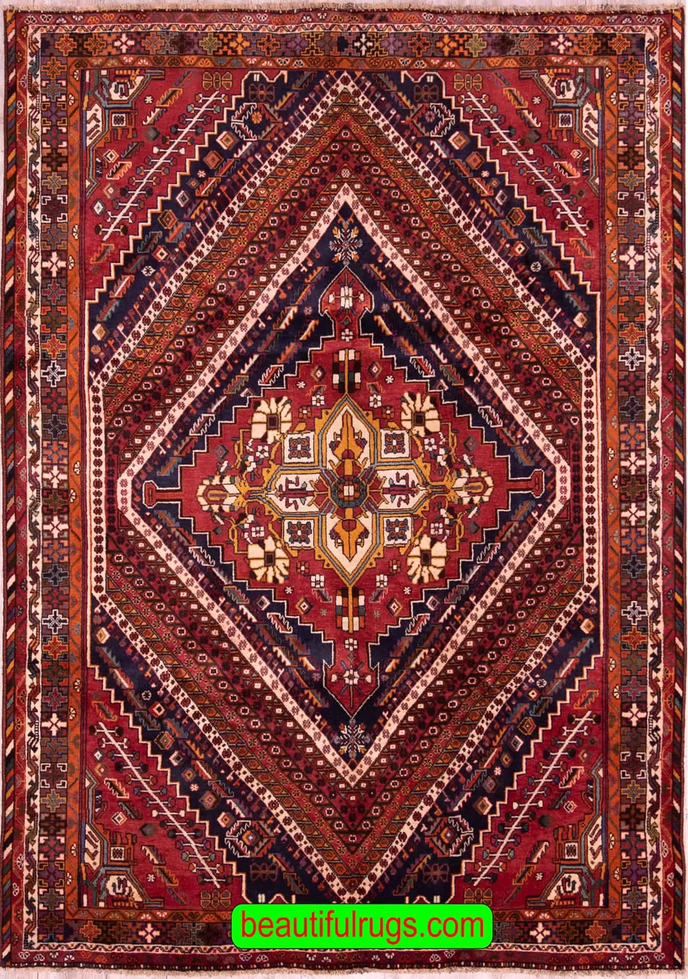 Persian Shiraz wool rug in red color geometric style. Size 5.8x8.8