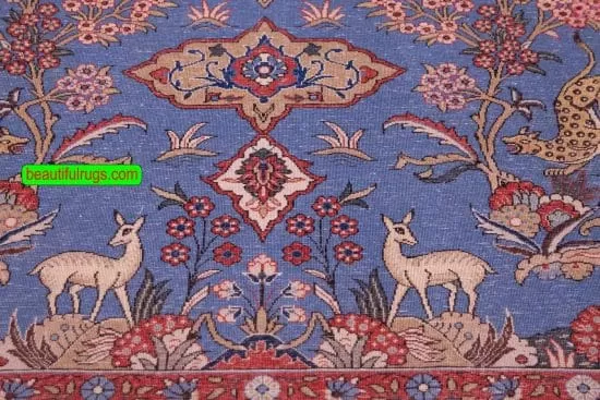 Blue Color Handmade Persian Qum Rug with Rooster and Deer, size 4.7x7