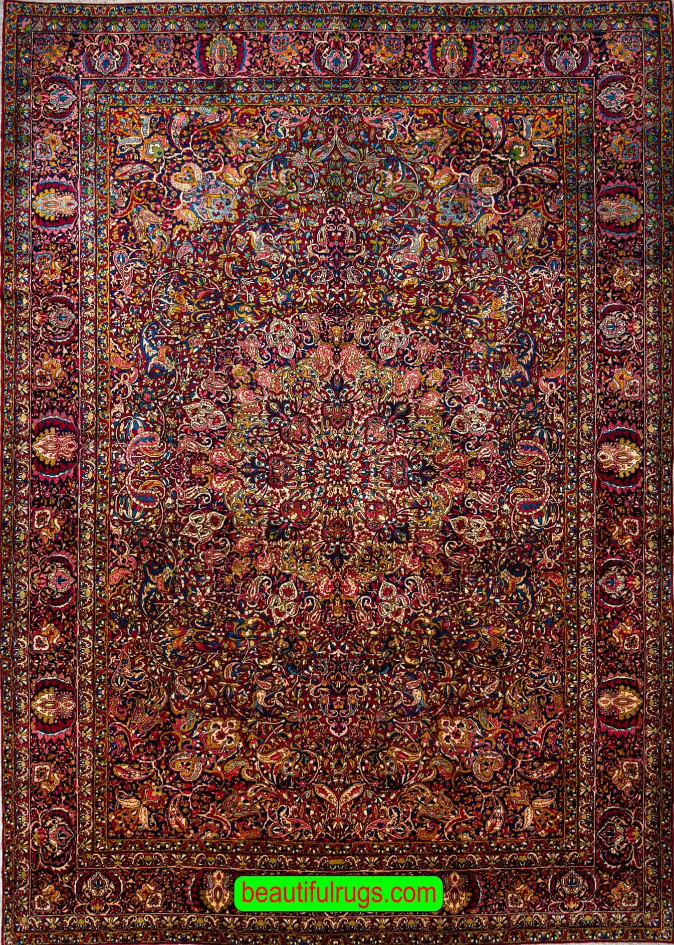 Handmade antique Persian Yazd rug, intricate traditional style rug, multicolored with red color in the main field. Size 10.3x15.