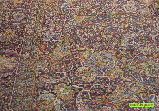 Handmade antique Persian Yazd rug, intricate traditional style rug, multicolored with red color in the main field. Size 10.3x15.