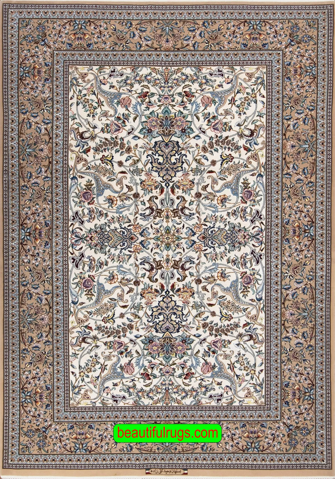 Beige color Persian Isfahan silk and wool rug. Size 5x7.6