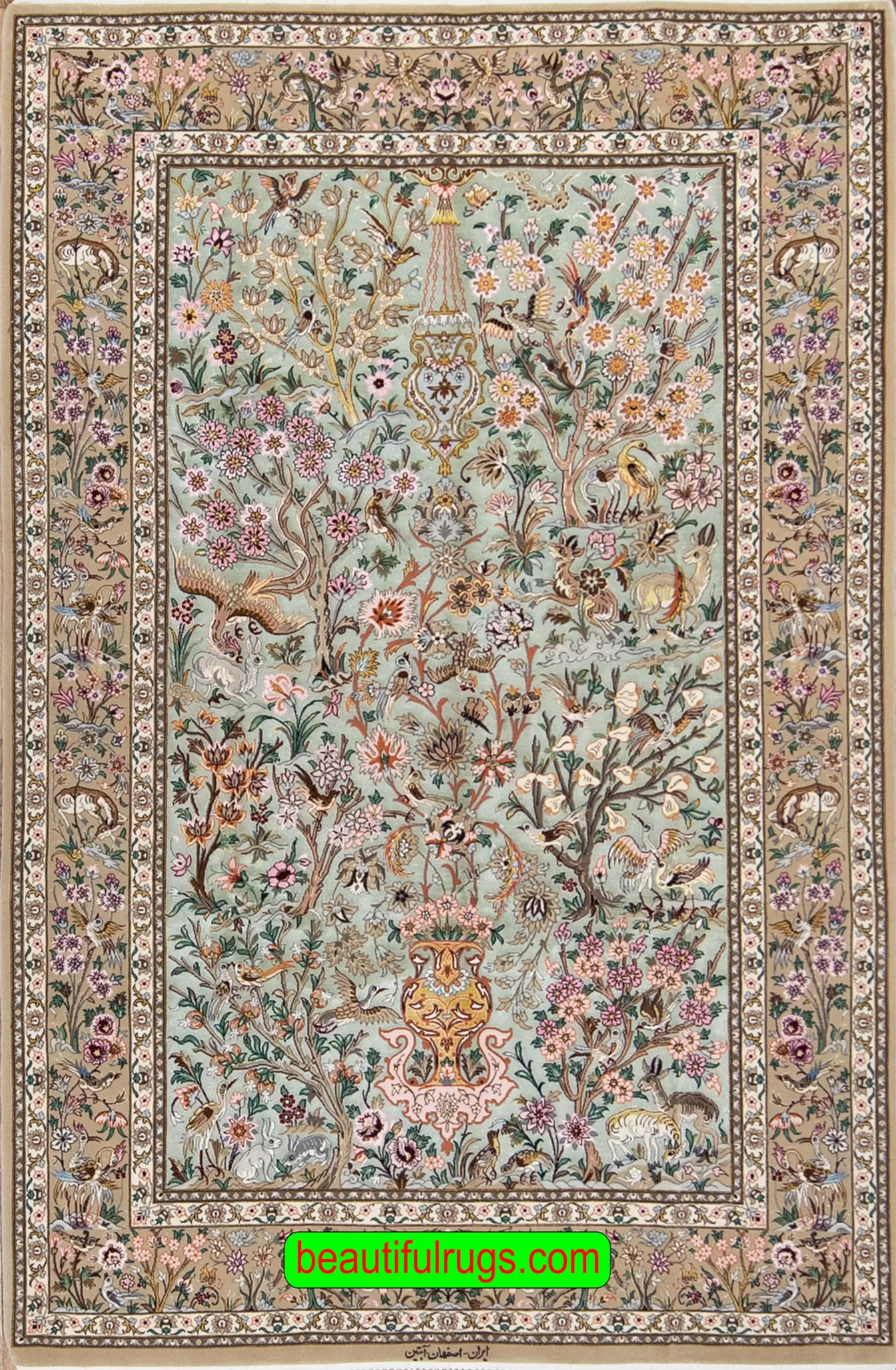 Green color Persian Isfahan kork wool and silk rugs with birds and flowers. Size 4.x7