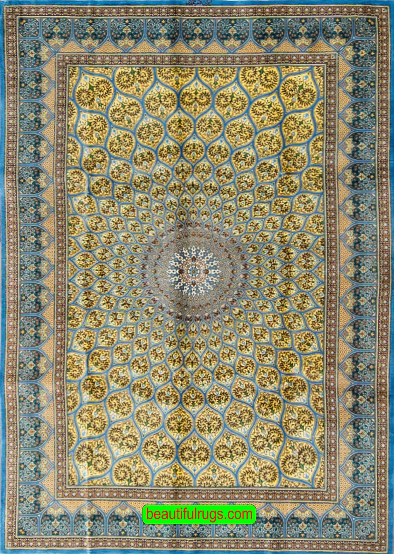 Silk Carpet from Iran, Mosque design, blue and gold color. Size 4.6x6.5