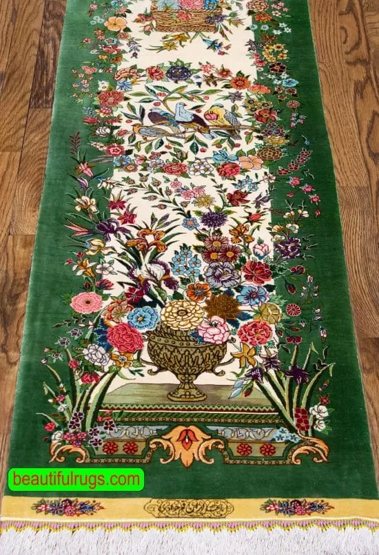 Pure silk Persian Qum runner rug with green color. Size 1.9x5.5
