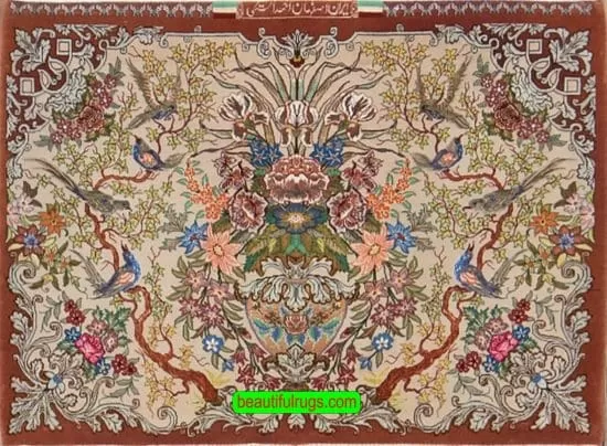 Small area rug, horizontal Persian Isfahan rug in beige and terracotta colors. Size 3.3x2.6