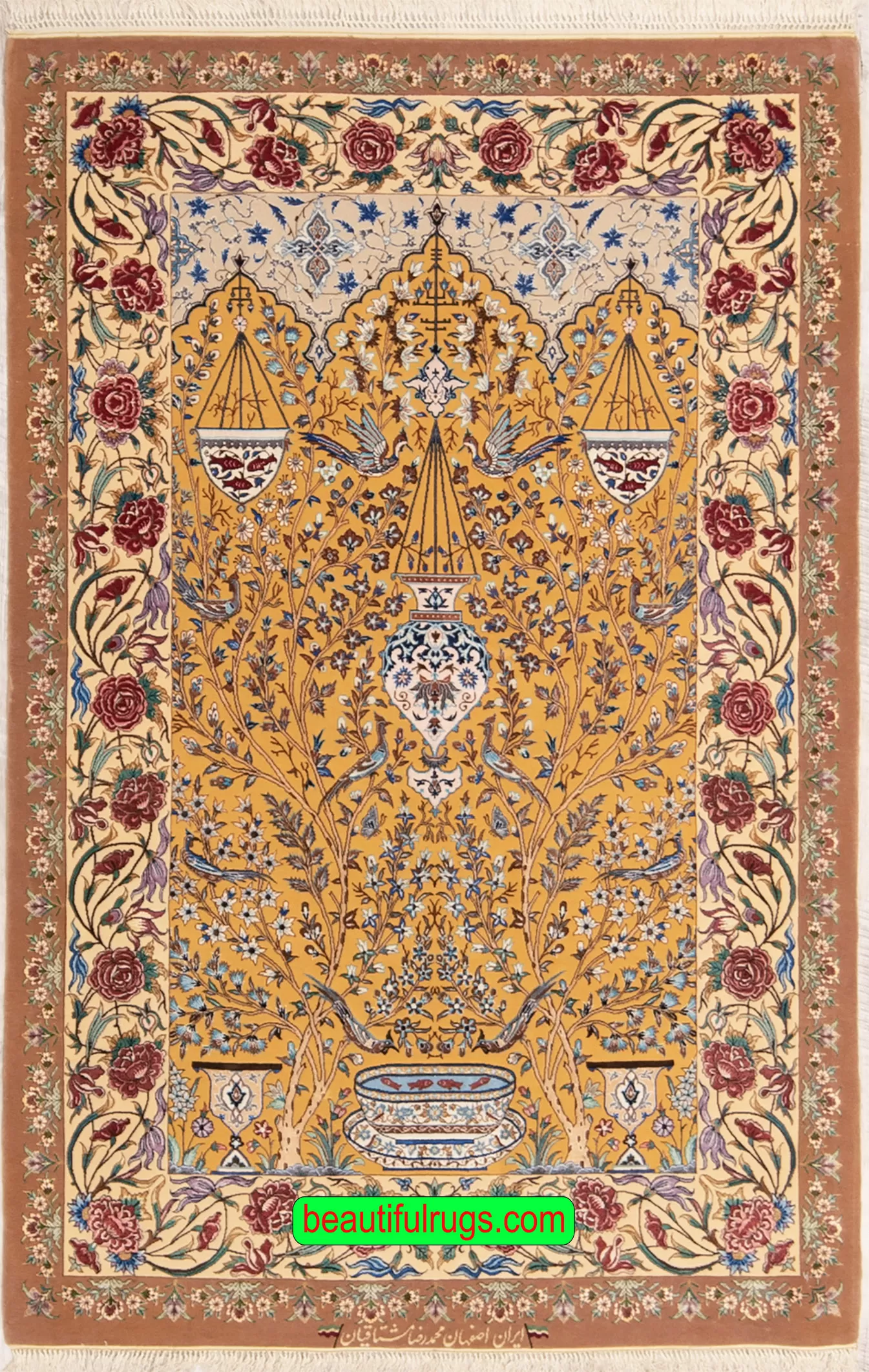 Persian Isfahan tree of life rug with gold and taupe colors. Size 4.2x6