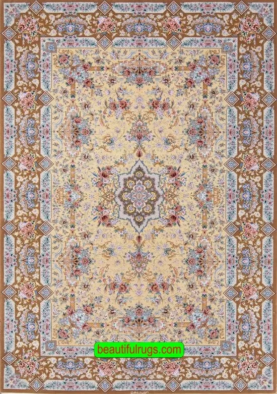Persian Isfahan wool and silk rug in beige and pastel colors. Size 6.6x10.