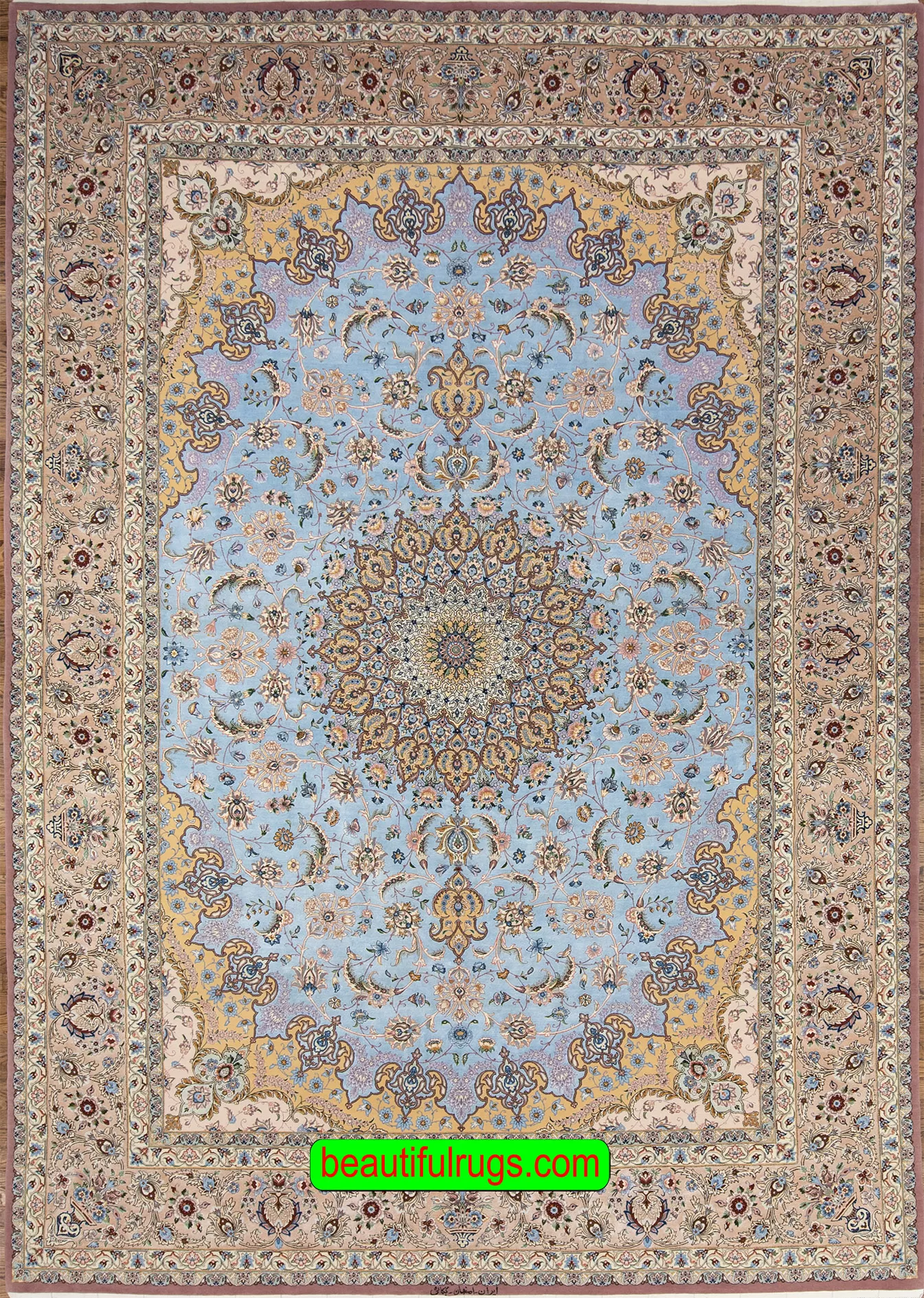Blue color silk and wool handmade Persian Isfahan rug. Size 8.5x12.2