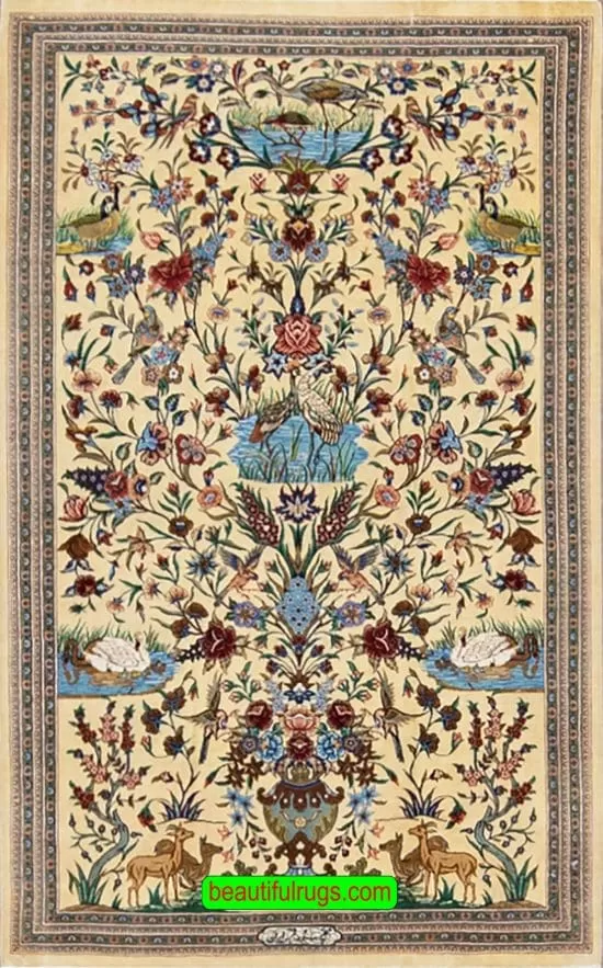 Persian Qum silk rug with birds and animals in yellow color. Size 2.7x4.3