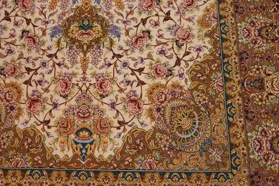 Pure silk Persian Qum rug with beige and brown colors. Size 3.7x5.2