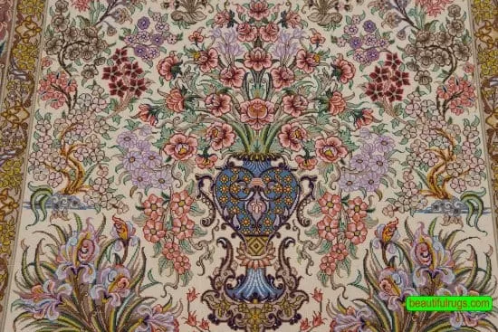Multicolor Persian Qum rug with beige and mauve color. Size 3.4x5.6.