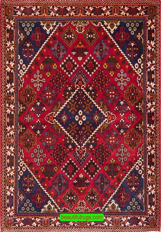 Handmade Persian Josheghan rug, geometric style rug in red color. Size 3.9x5.2.