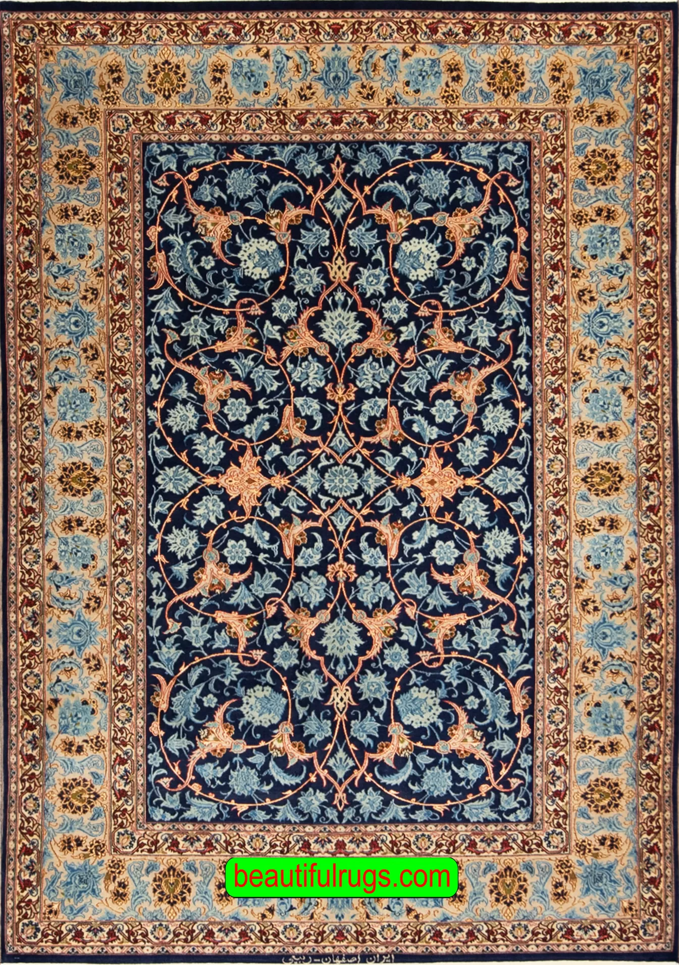 Old Persian Isfahan wool and rug in navy blue color. Size 4.7x7