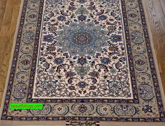 Handmade Persian Isfahan wool and silk rug in beige and blue color. Size 2.10x4.2.