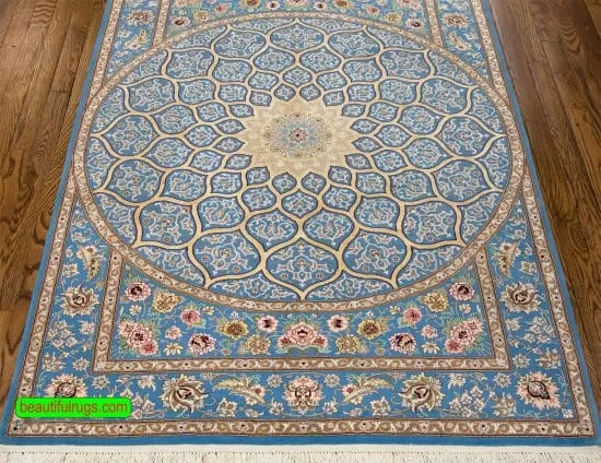 Persian Isfahan rug in Mandala design with blue and gold colors. Size 3.8x5.5.
