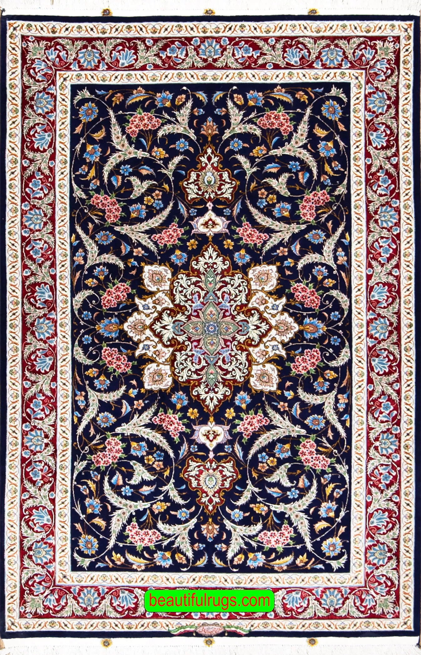 Gorgeous colorful Persian Tabriz silk wool rug, navy blue background. Size 3.10x6.1.