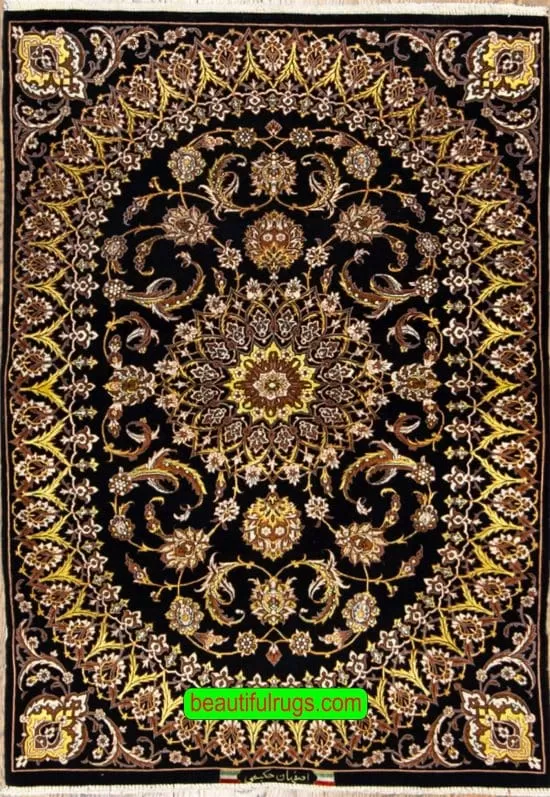 Handmade Persian Isfahan kork wool and silk area rug with black and gold. Size 3.3x5.