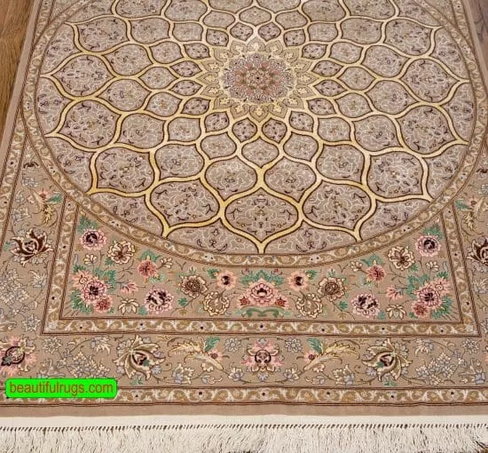 Mandala design rug. Persian Isfahan wool and silk rug with beige and gold colors. Size 3.10x5.7.