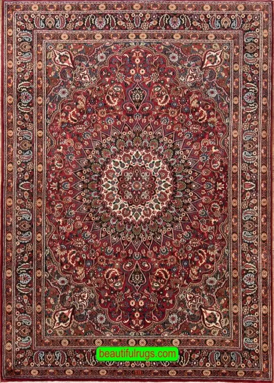 Hand knotted Persian Mood area rug in red color. Size 6.6x9.9.