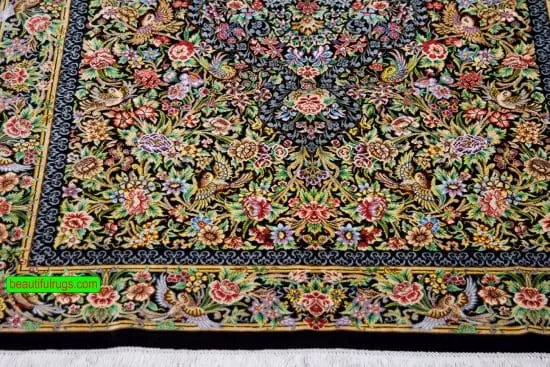 Handmade pure silk Persian Qum rug in black and green color. Size 3.5x5.